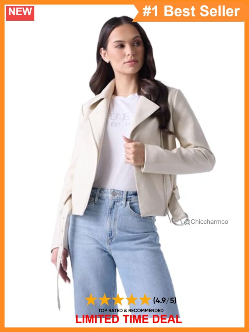 Textured Faux Leather Belted Biker Moto Jacket Zip Pockets